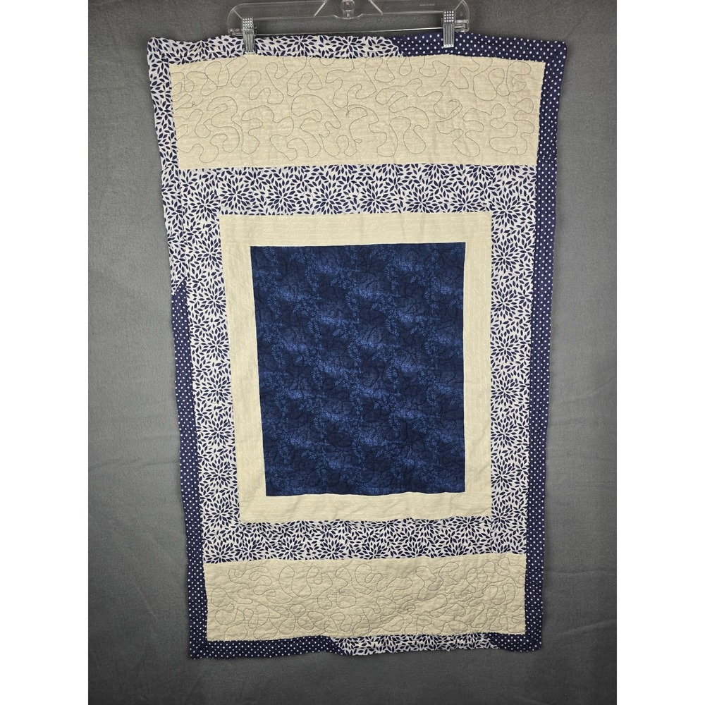 Handmade Quilt Navy Blue Patchwork Floral Script Farmhouse Decor 25x40